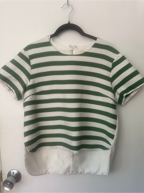 kate spade Tops - Kate Spade Green White Striped Blouse Size 6 Silk Back High Low Top